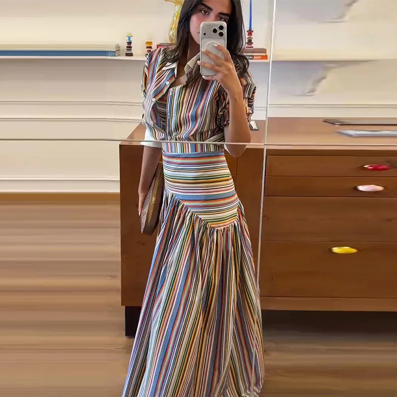 Women's Matching Sets Color Stripe Mandarin Collar Crop Top Straight Pants Set Vintage Blouse Casual Vacation Outfit Summer Suit