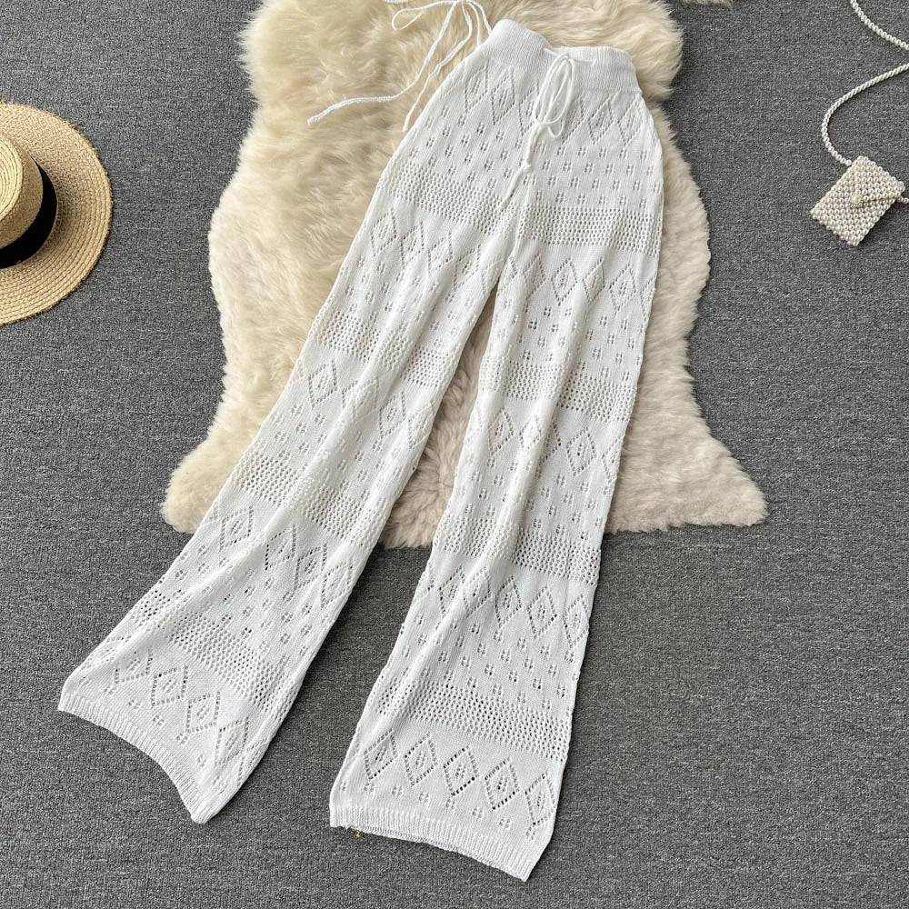 SINGREINY Women Summer Design Knitted Set Sexy Backless Halter Short Tops+Chic Hollow Knitted Wide Leg Long Pants Two Piece Suit