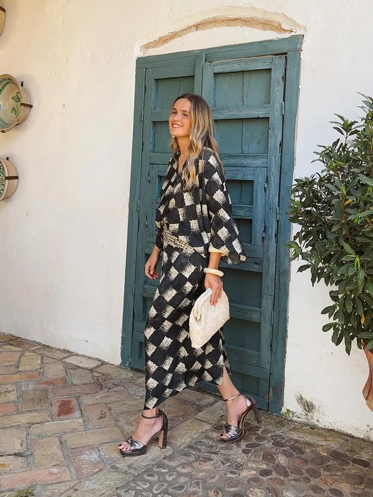 Women's Plaid Batwing Sleeve Maxi Dress