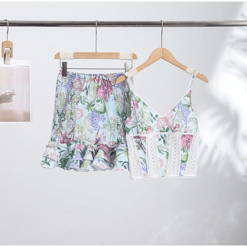 Women Skirt Set Spaghetti Strap Sleeveless Cinched Waist Corset Top High Waist Lace Hem Mini Skirt Slimming Chic Suit For Ladies