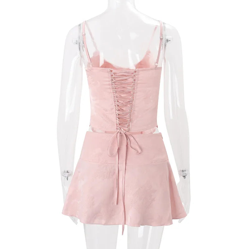 Women Skirt Set Spaghetti Strap Sleeveless Cinched Waist Corset Top High Waist Lace Hem Mini Skirt Slimming Chic Suit For Ladies