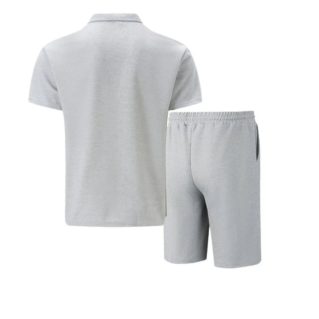 Men's Summer Waffle Short-Sleeve Suit Shorts Zip-Up Lapel Solid Color Two Sets Europe And US Style 2026