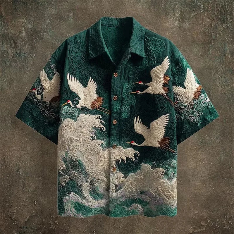 Men's Embossed Crane Print Short Sleeve Shirt