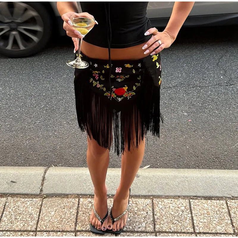 Casual Embroidery Mini Skirts Women Tassel Patchwork Low Waist Lady Short Irregular Skirts Female 2026 Summer Lady Bottoms Chic