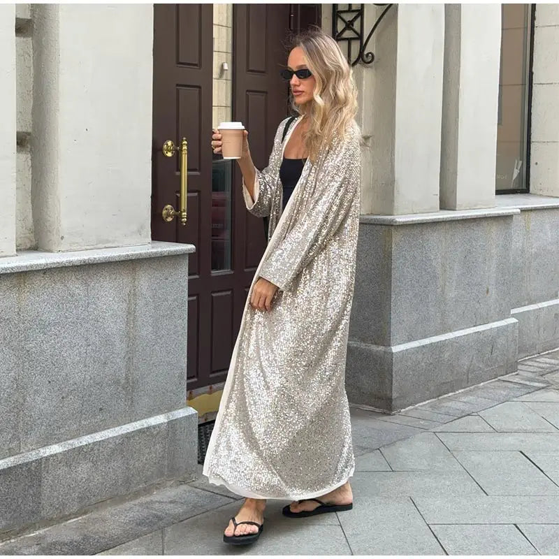 2026 Autumn Sequined Women Long Jacket Urban Full Sleeve Lining Pleated V-neck Cardigan Female Streetwear Fashion Lady Outwear