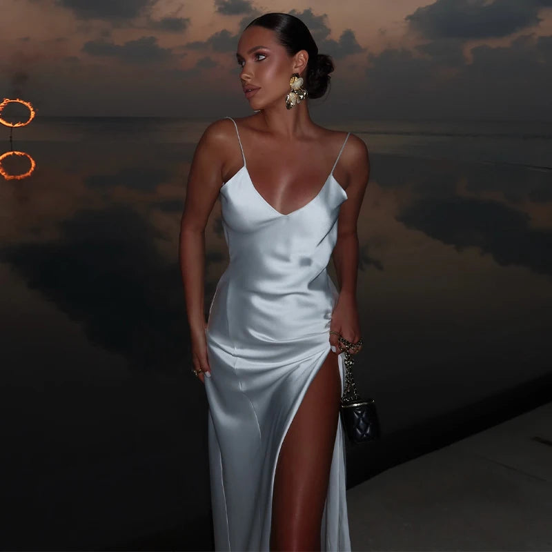 Women's Backless Satin V-Neck Sling Sundress
