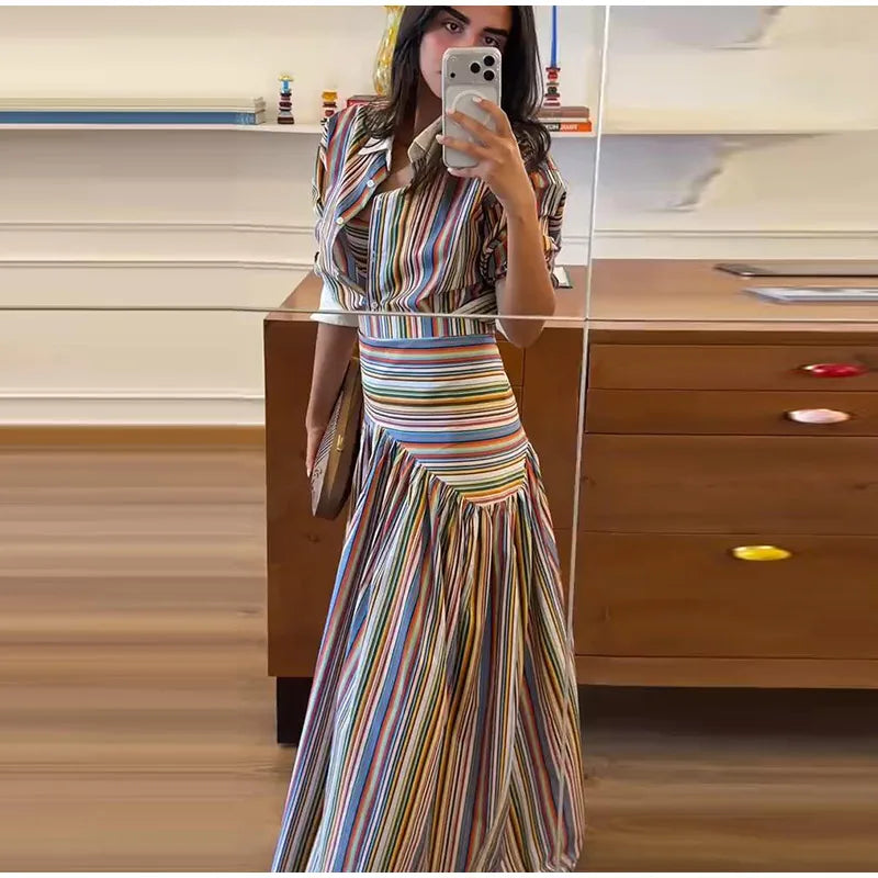Women's Striped Shirt and Pleated Maxi Skirt Set