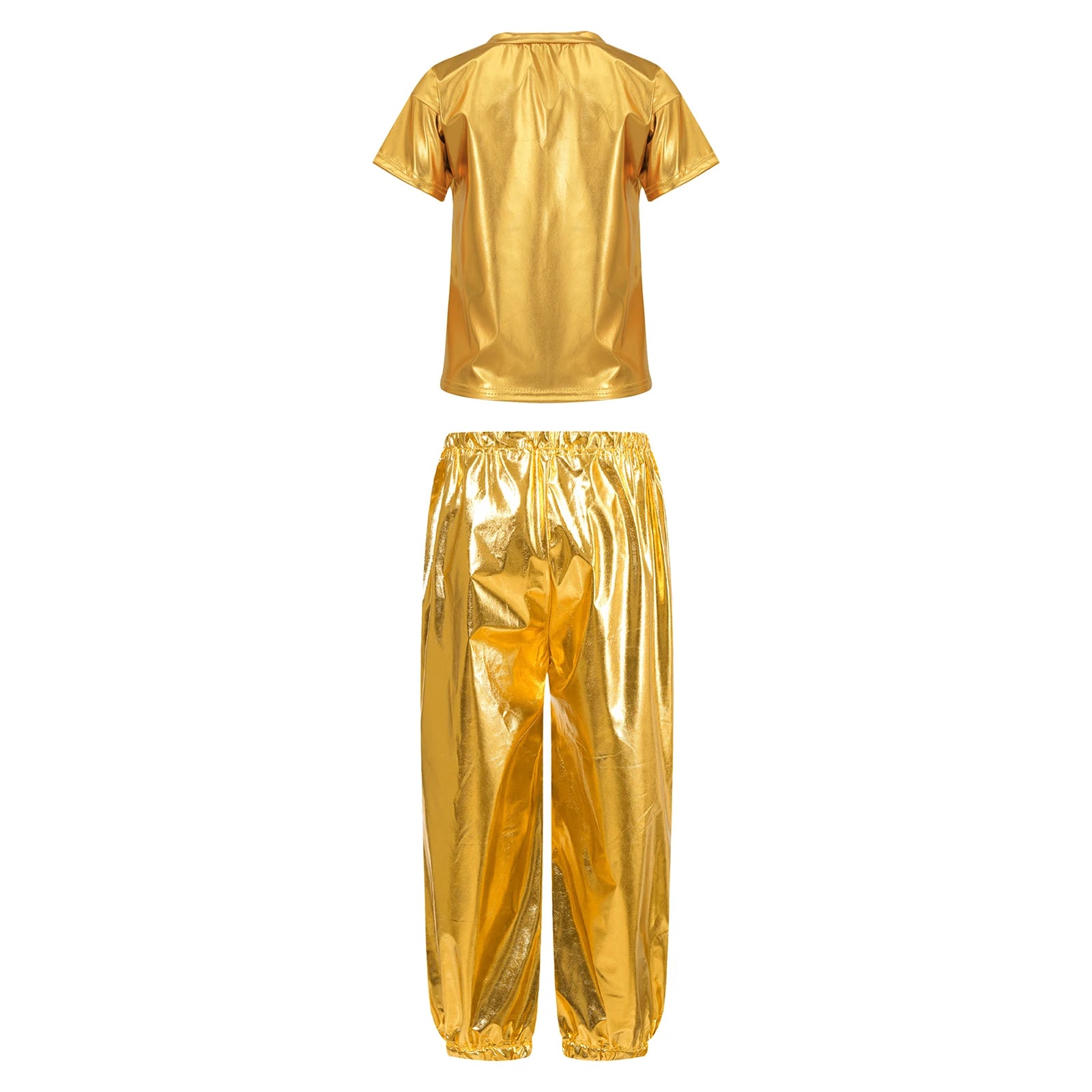 Kids Girls Boys Fashion Clothes Set Metallic Shiny T-shirt with Pants Suit for Jazz Hip Hop Street Dance Performance Costume