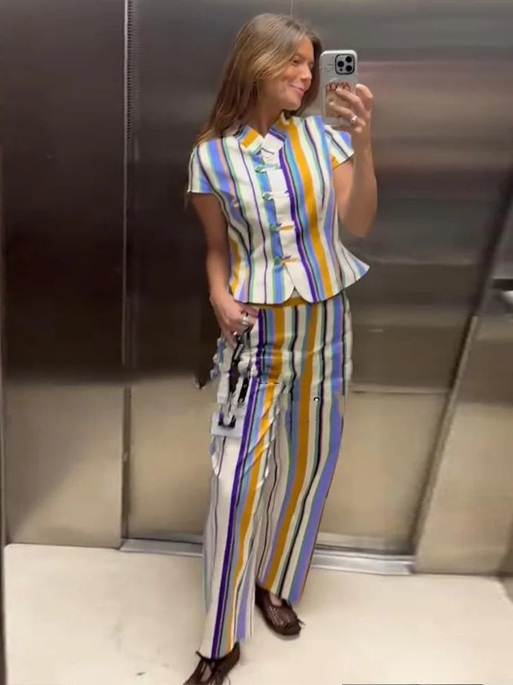 Women's Matching Sets Color Stripe Mandarin Collar Crop Top Straight Pants Set Vintage Blouse Casual Vacation Outfit Summer Suit