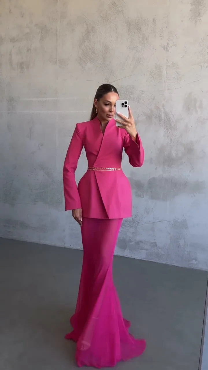 Women's V-Neck Blazer and Tulle Maxi Skirt Set