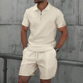 Summer Men Suits Solid Color Waffle Lapel Slim-Fit Casual Fashion Zip-Up Short Sleeve Shirts Suit Shorts Two Sets