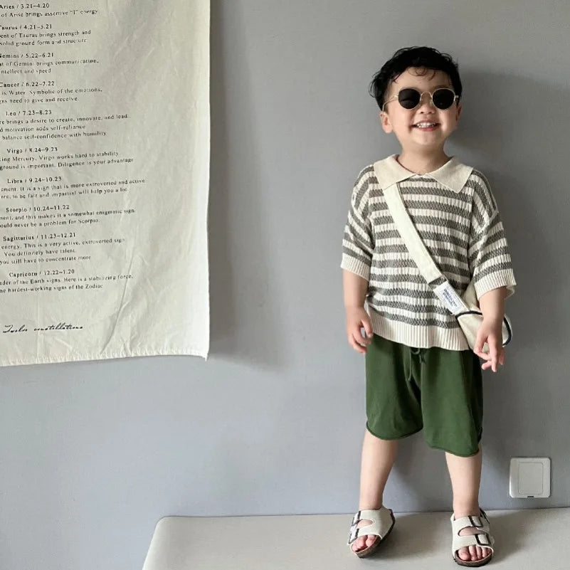 Spring and Summer Japanese Korean 1-6Y Children's Hollow Knitted Shirts Stylish Girl's Boy's Striped Short Sleeved T-shirts