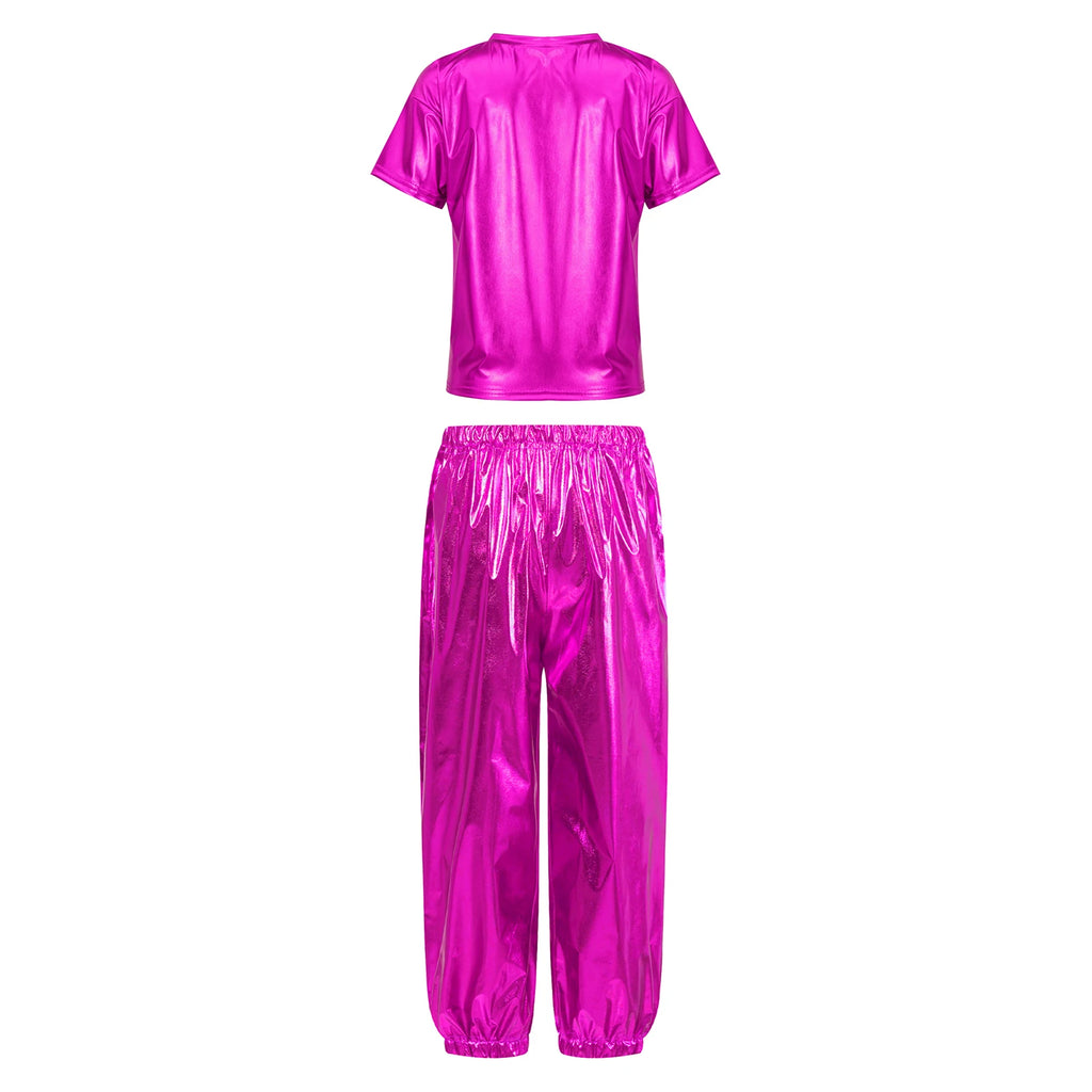 Kids Girls Boys Fashion Clothes Set Metallic Shiny T-shirt with Pants Suit for Jazz Hip Hop Street Dance Performance Costume