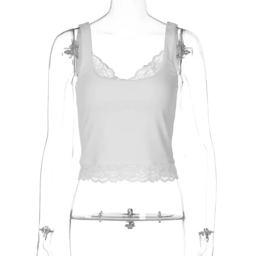 Ins Style Sleeveless Slim Lace Crop Top Solid Color V-neck Lace Sling Tank Bottoming Shirt Patchwork Spaghetti Y2k Top Summer