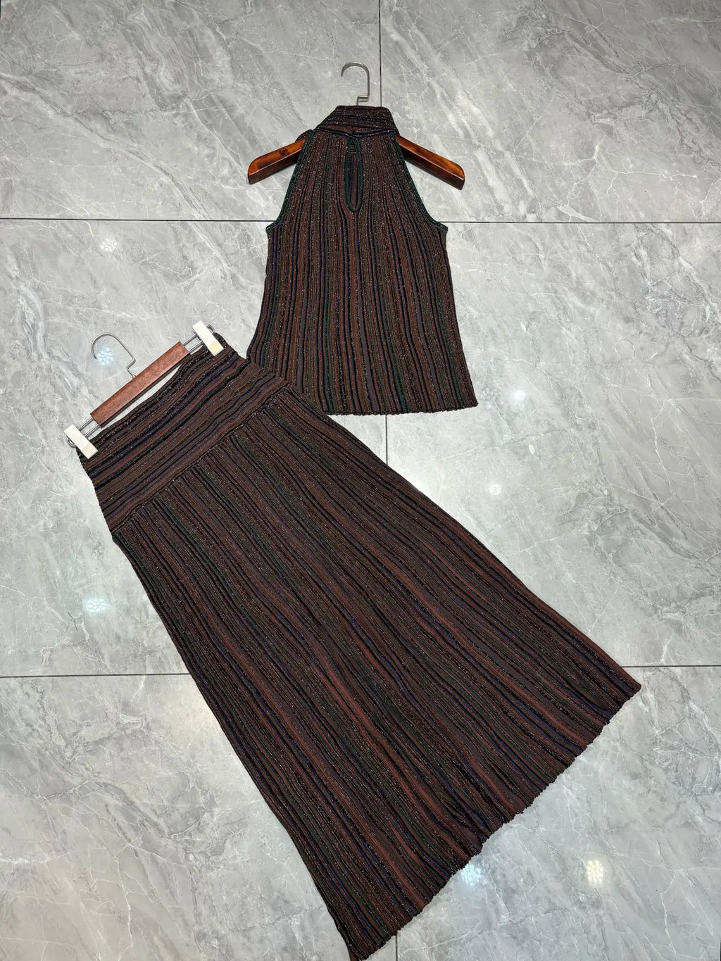 Women's Sequin Striped Knit Vest and Skirt Set