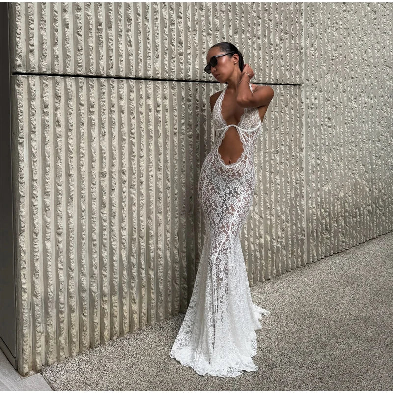 Women's Lace Halter Fishtail Maxi Gown