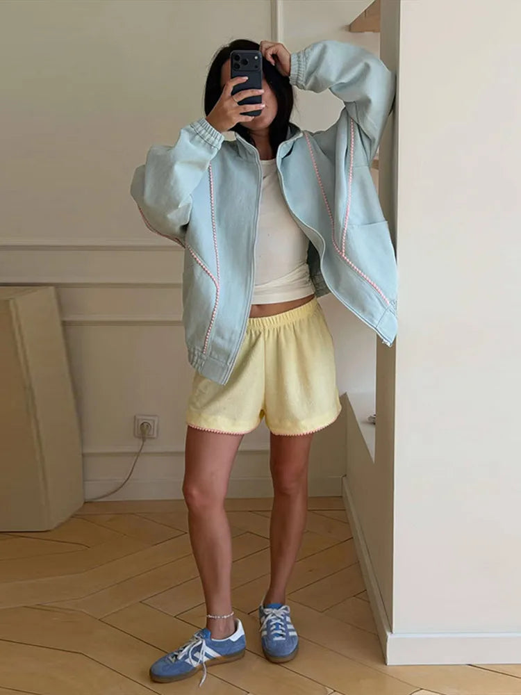 Women's Denim Stand Collar Bomber Jacket