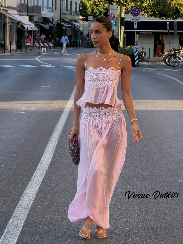 Beach Floral Lace Hollow Out Women Pants Sets 2 Pieces Adjustable Tie Backless Tops Loose Pleated Lantern Pant Summer New Suits