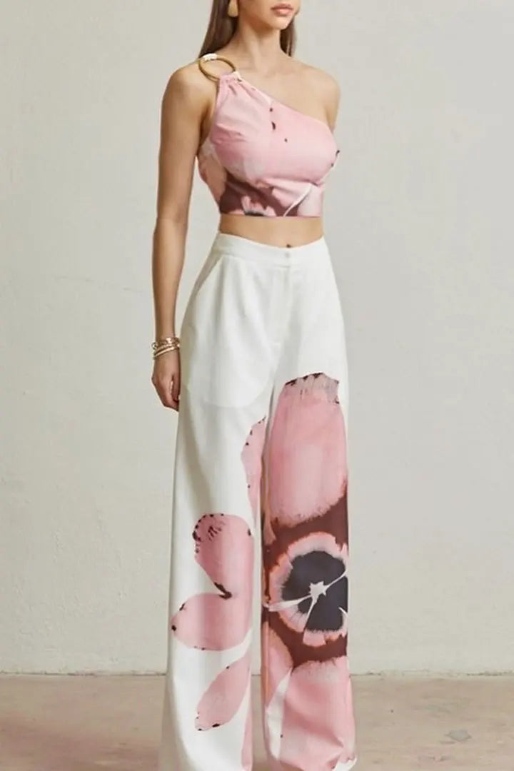 Matching Sets Wide Leg Full Length Pant Sexy Print One Shoulder Tops Pullover Pant Sets Loose Pockets High Street Spliced