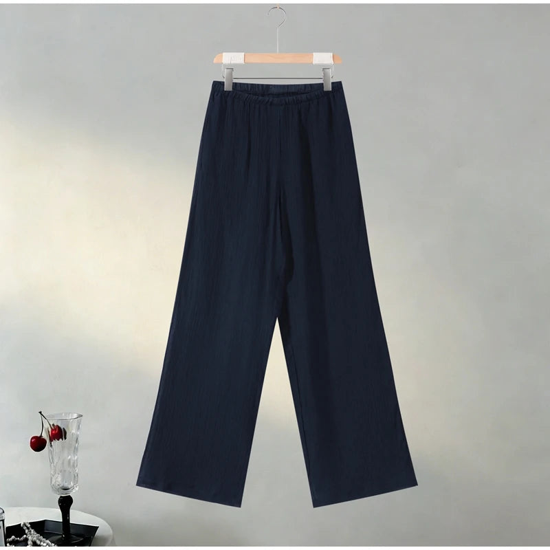 Casual Pleated Cardigan Pants Set V-neck Drop Shoulder Flared Sleeves Belt Waist Shirt Wide Leg Pants 2026 Chic Lightweight Sets