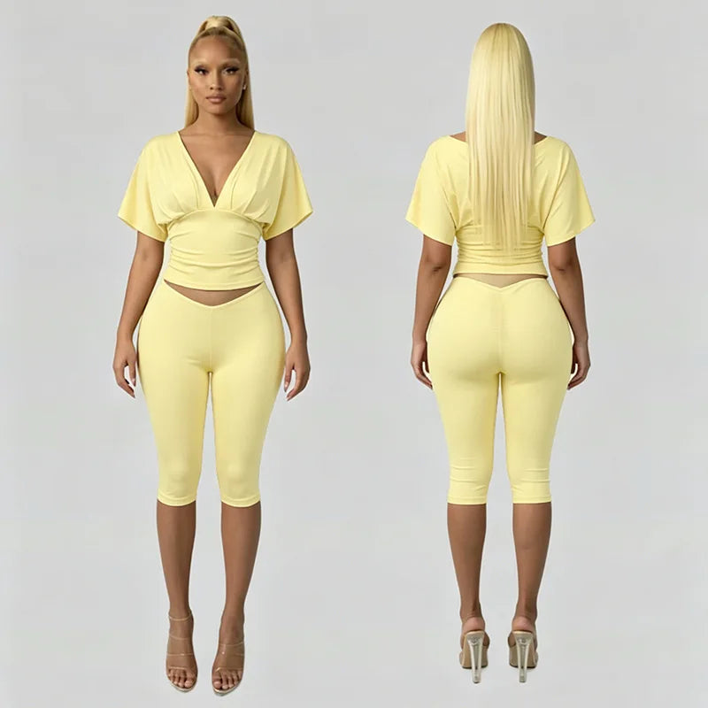 Joskaa Casual Solid 2 Piece Sets Women Sexy V-Neck Ruched Half Sleeve Top and Tight Cropped Pants Matching Tracksuits Streetwear