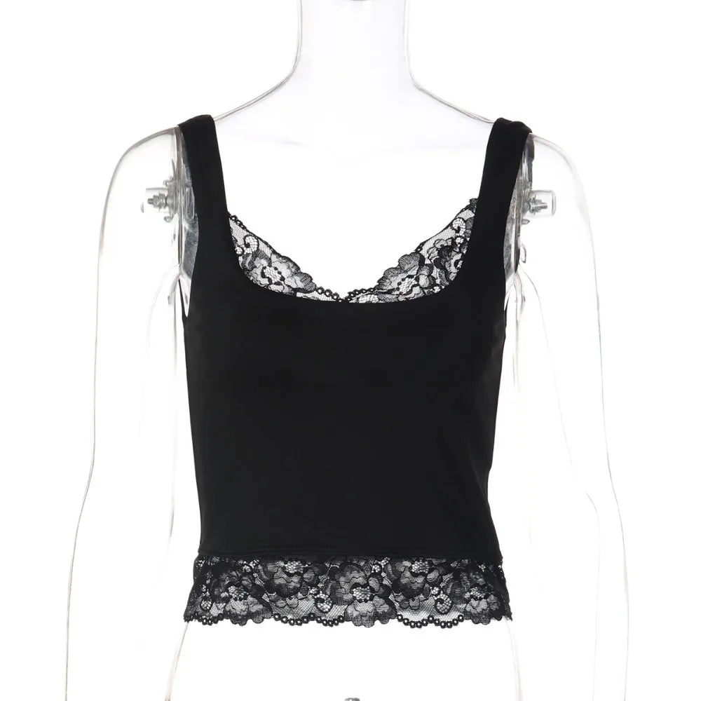Ins Style Sleeveless Slim Lace Crop Top Solid Color V-neck Lace Sling Tank Bottoming Shirt Patchwork Spaghetti Y2k Top Summer