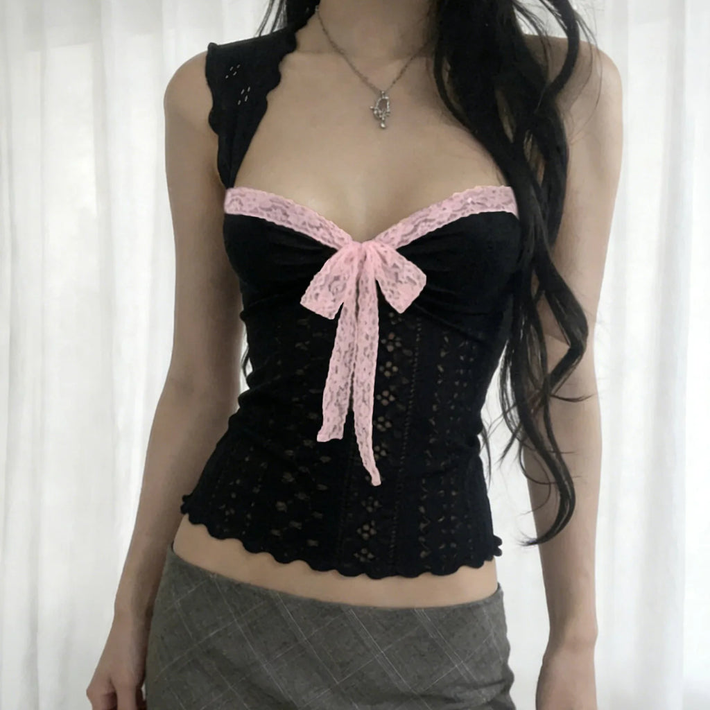 Sweet Lace Bow Knit Tank Top Women Spring Summer Coquette Y2K Sleeveless Crop Top Sexy Cute Cami Top Korean Style Vest