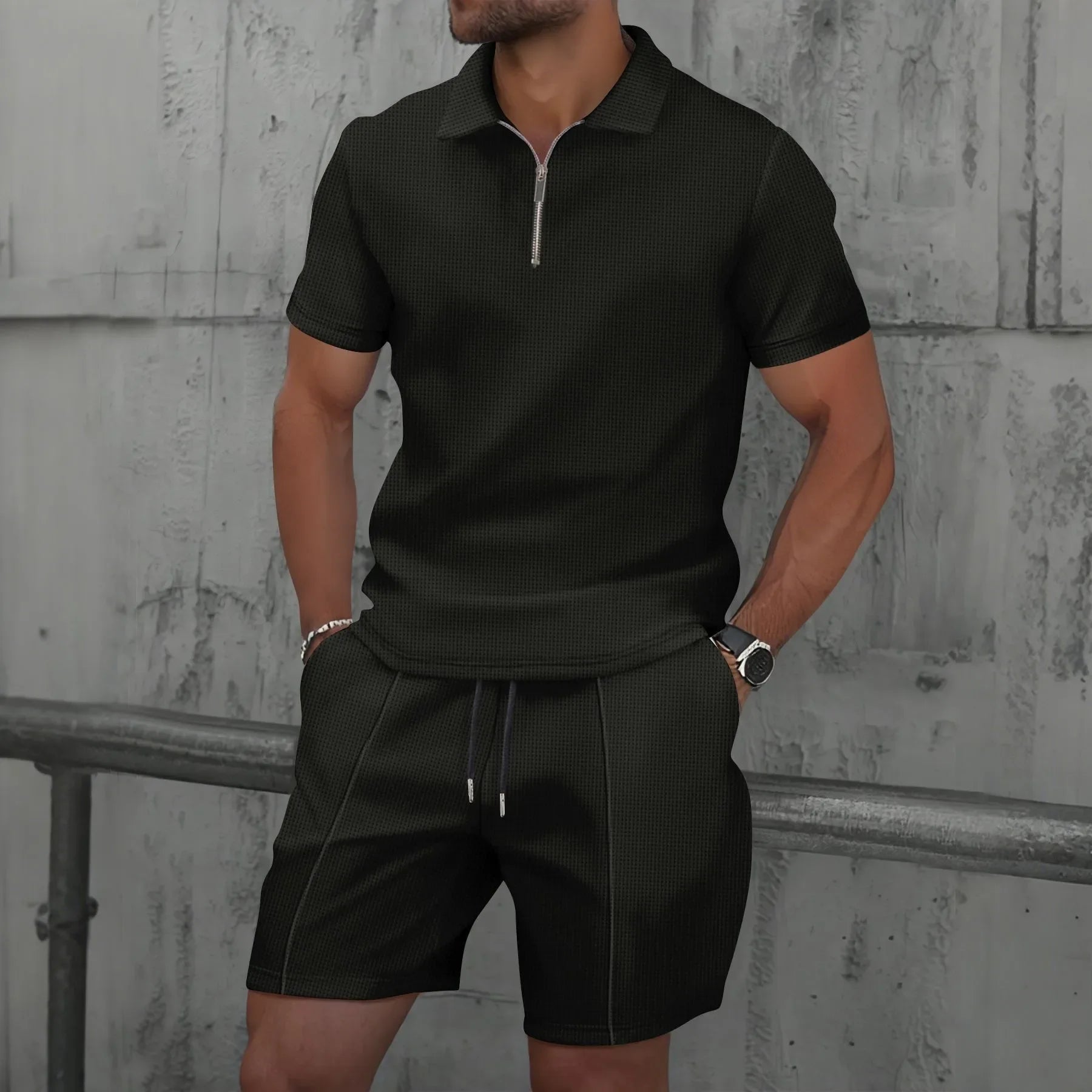 Men's Summer Waffle Short-Sleeve Suit Shorts Zip-Up Lapel Solid Color Two Sets Europe And US Style 2026