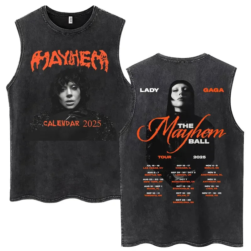 Lady Gaga The Mayhem Ball Tour 2025 Washed Tank Tops Fashion Men Women Vintage Y2K Sleeveless T Shirt 100% Cotton Oversized Tees