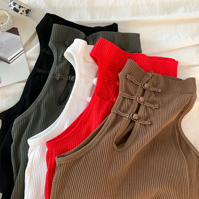 ITOOLIN Elegant Women Chinese Button Tank Tops With Bra Pad O-Neck  Sleeveless Tank Tops For Women Sexy Crop Tops All-Match 2024