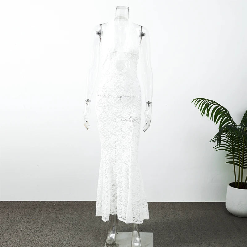 Women's Lace Halter Fishtail Maxi Gown