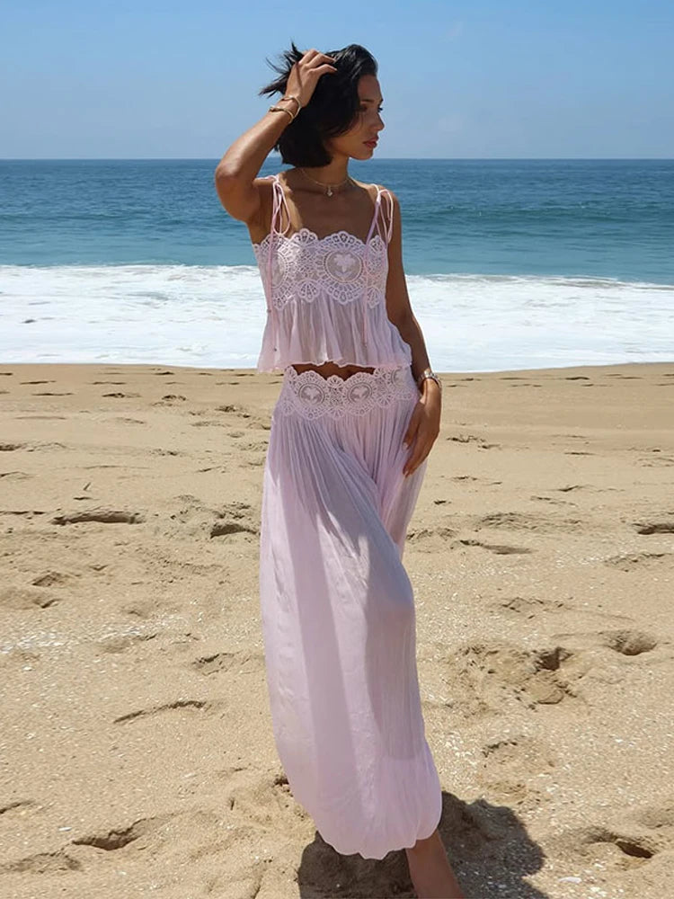 Beach Floral Lace Hollow Out Women Pants Sets 2 Pieces Adjustable Tie Backless Tops Loose Pleated Lantern Pant Summer New Suits